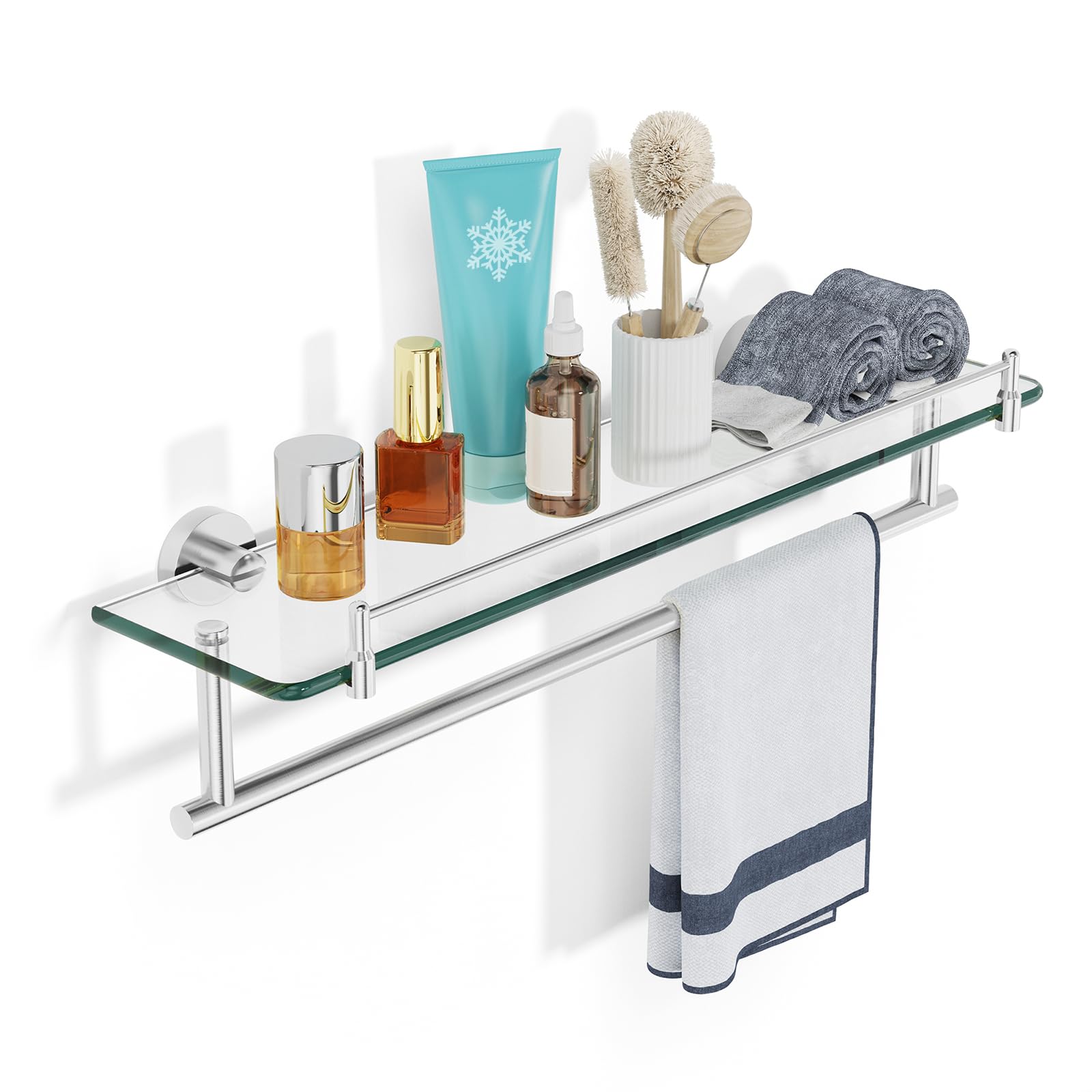 KOCOK 20-Inch Tempered Glass Bathroom Shelf with Towel Bar - Brushed Nickel & Stainless Steel, Wall Mount Rustproof Tower Holder with Shelves