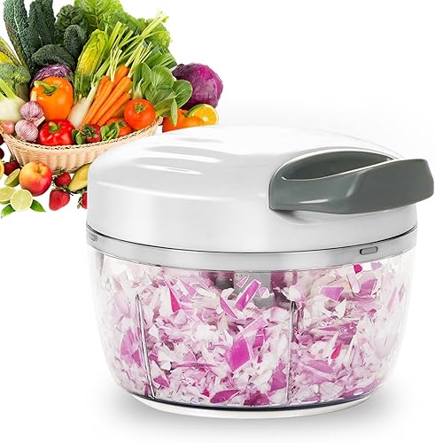 Procesador manual de alimentos, picador de verduras, 2.3 tazas, pequeño, pequeño, pequeño, tirador, cebolla, picador de ajo, con 3 cuchillas de