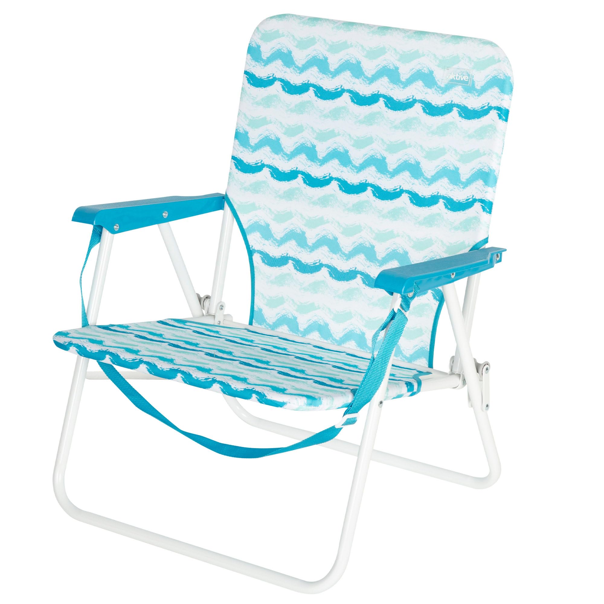AKTIVE 62408 Chaise de Plage Pliable avec Dossier Bas, Poche arrière et poignée de Transport, Structure en Acier, Polyester Respirant et imprimé Bleu, Dimensions 45 x 40 x 70 cm