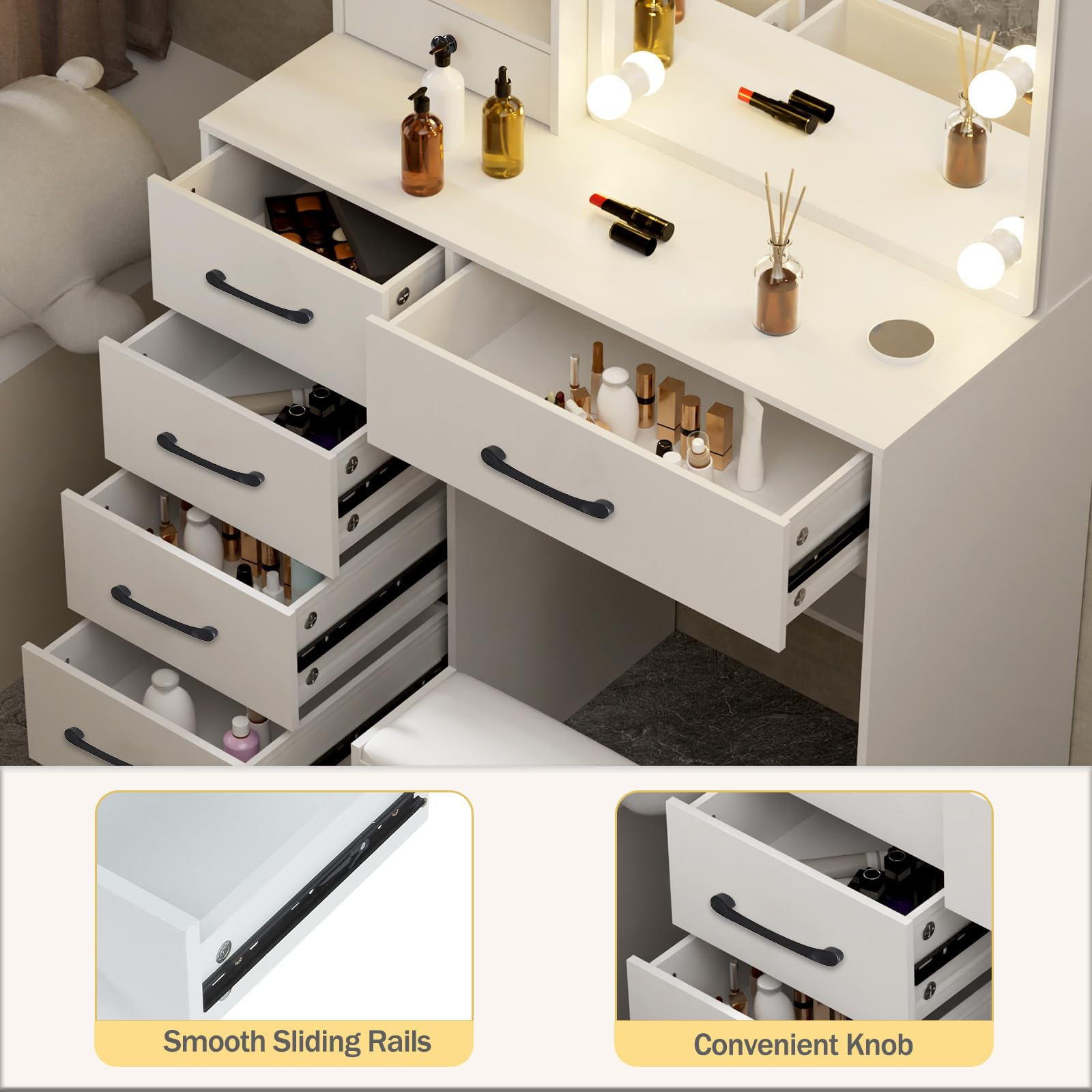 Toeletta Trucco Con Luci E 6 Cassetti - Specchio, Sgabello, Bianco 80x36x130 Cm - Foto 2