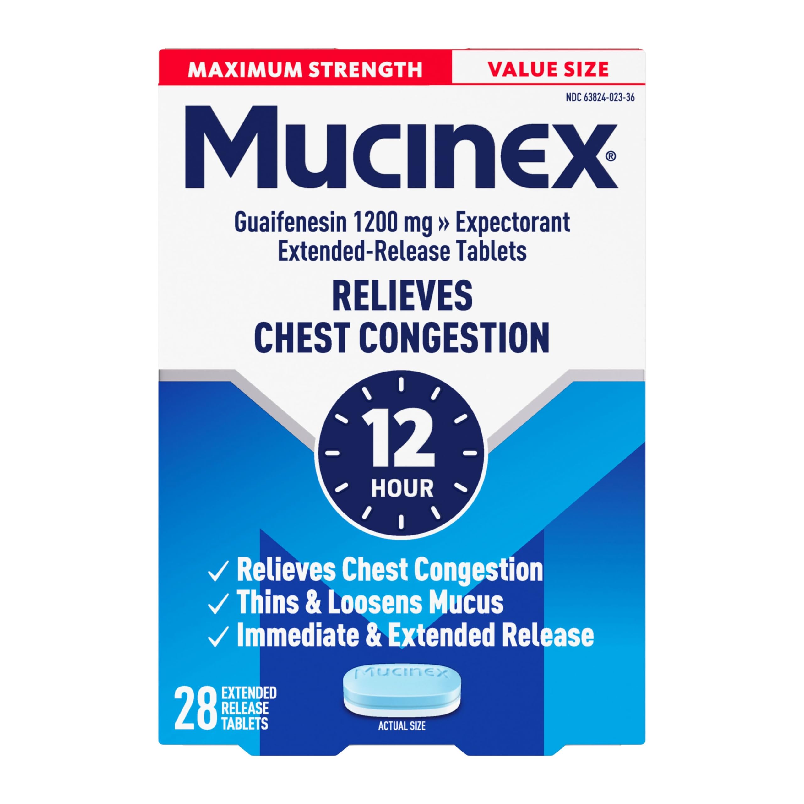 Mucinex Maximum Strength 12 Hour Chest Congestion Expectorant Relief Tablets, 1200 mg, Thins & Loosens Mucus, 28 Count