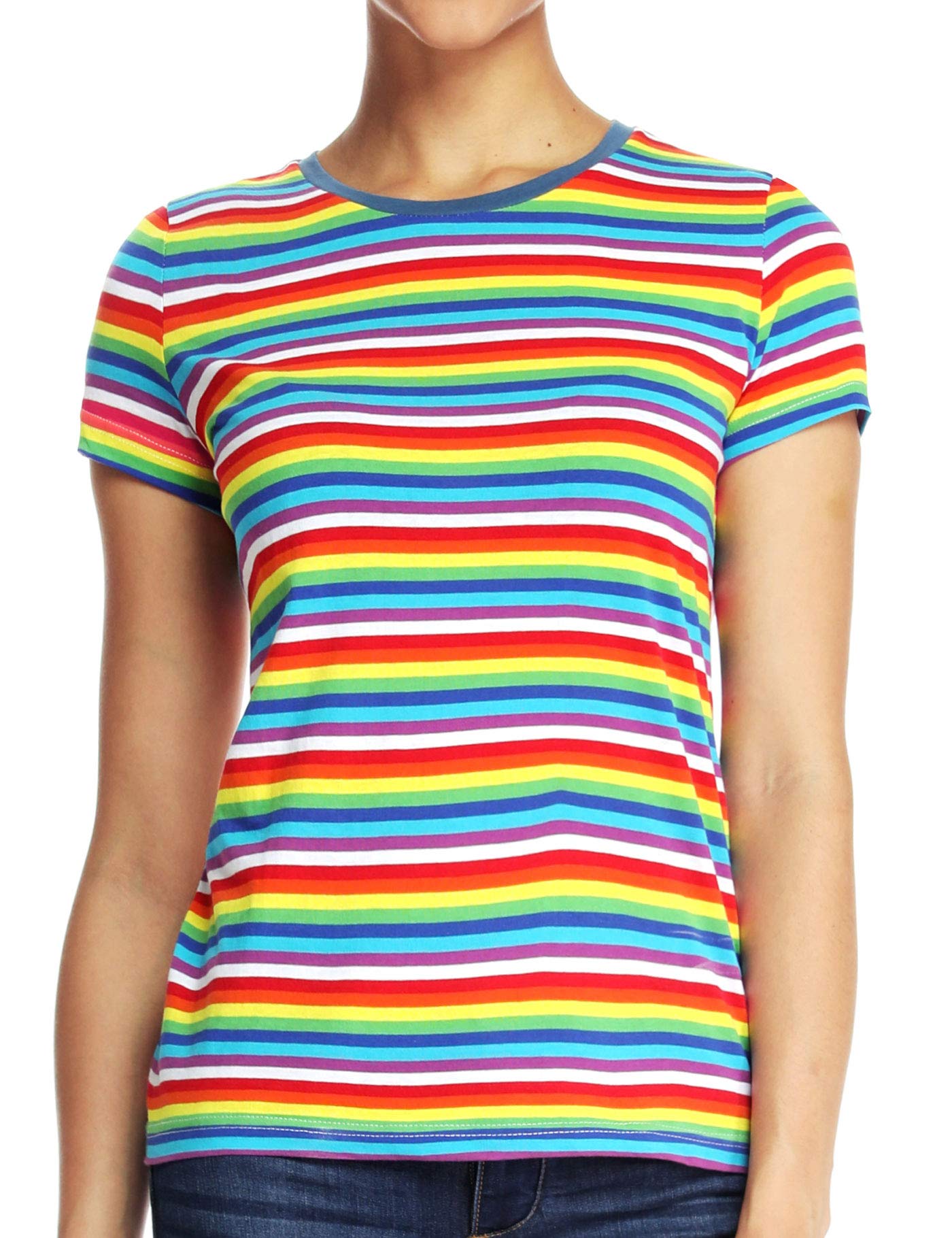 Zbrandy Rainbow Striped T-Shirts Women Stripes Shirt Crew Neck Short Sleeve Tee Tops XL
