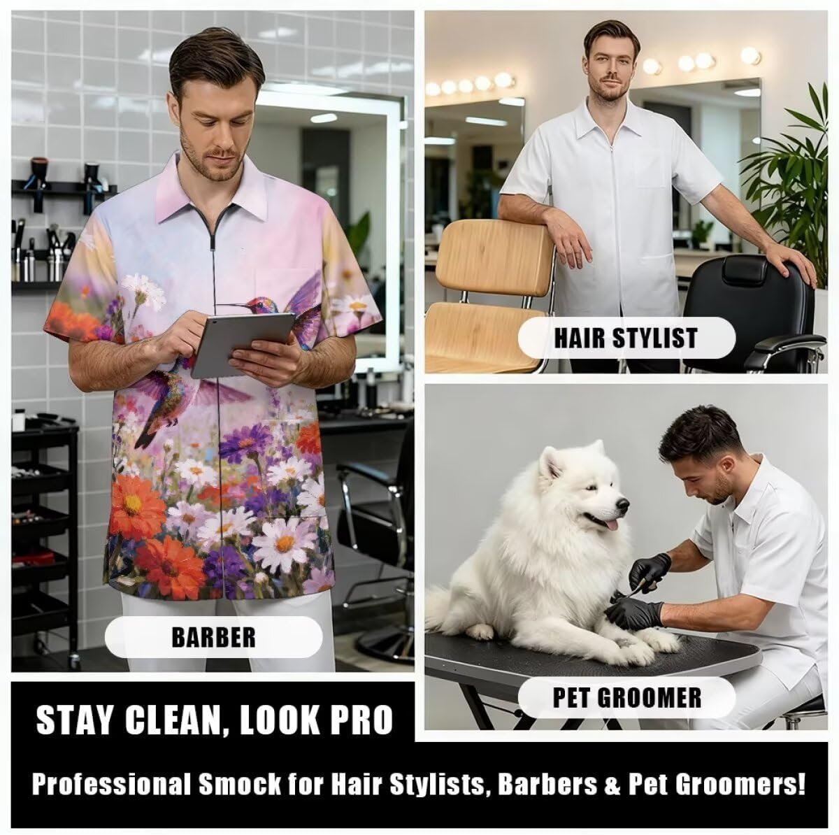 Nylon Salon Hairstylist Smock Barber Haircut Zipper Jacket, Dog Pet Grooming Work Shirt Uniform