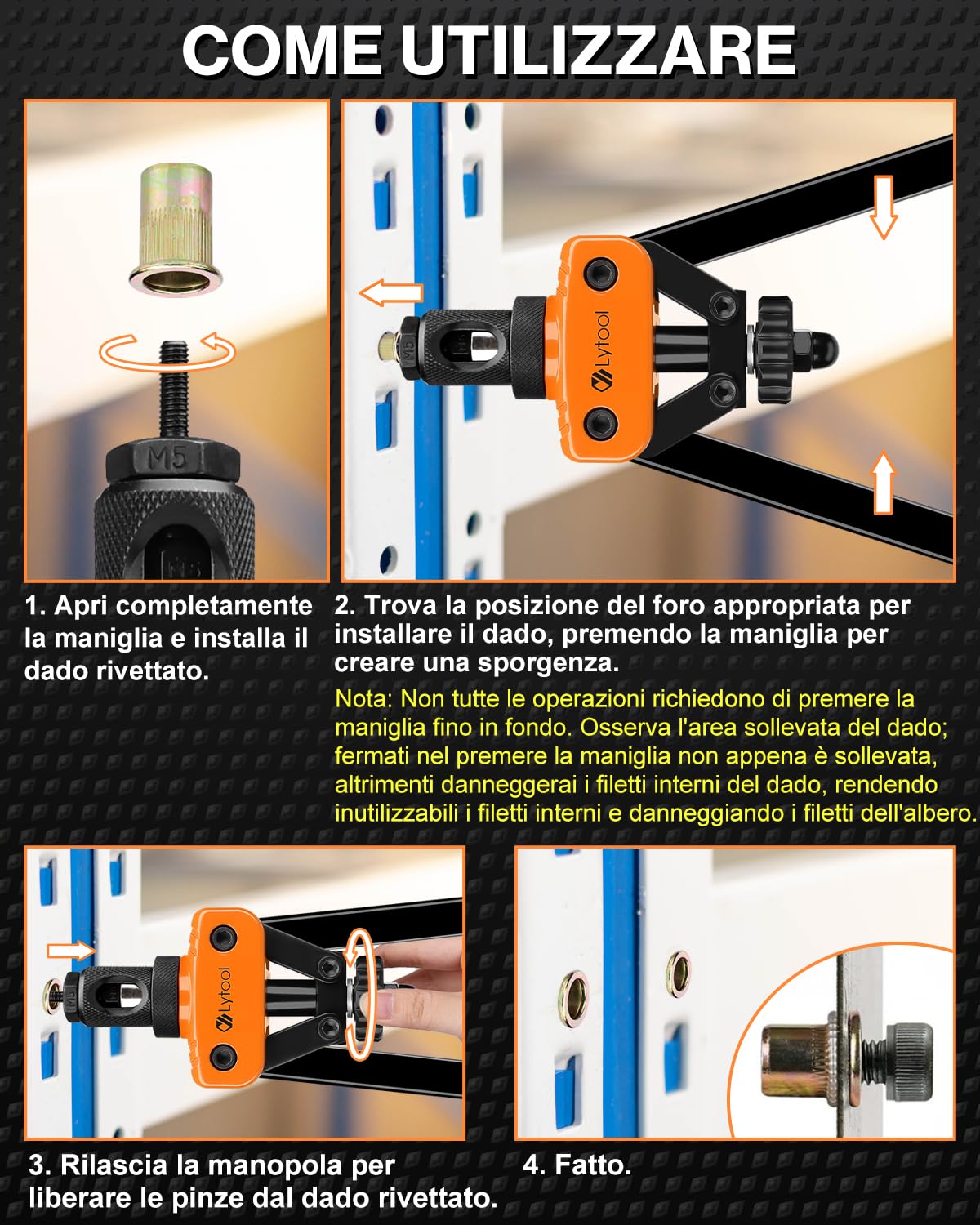 Lytool Rivettatrice per Inserti Filettati 14‘’,Rivettatrice Filettati Manuale 6 Mandrini Metrici e 205 Dadi per Rivetti(M3-M4-M5-M6-M8-M10),Custodia da Trasporto Pesante, Chiave, 2 Perni di Bloccaggio