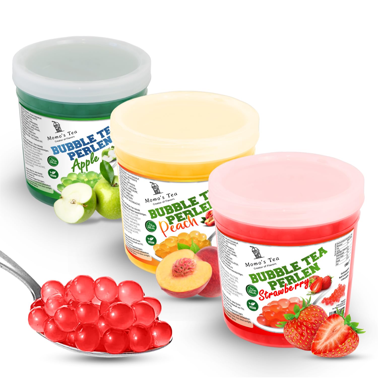 𝐌𝐨𝐦𝐨´𝐬 𝐓𝐞𝐚® 𝐁𝐮𝐛𝐛𝐥𝐞 𝐓𝐞𝐚 𝐏𝐞𝐫𝐥𝐞𝐧 𝐒𝐞𝐭 - 3𝐞𝐫 - 𝐏𝐚𝐜𝐤 [Apfel, Pfirsich, Erdbeere] - 𝟏𝟎𝟎% 𝐯𝐞𝐠𝐚𝐧, 𝐡𝐚𝐥𝐚𝐥, 𝐠𝐥𝐮𝐭𝐞𝐧𝐟𝐫𝐞𝐢 | 𝐏𝐨𝐩𝐩𝐢𝐧𝐠 𝐁𝐨𝐛𝐚