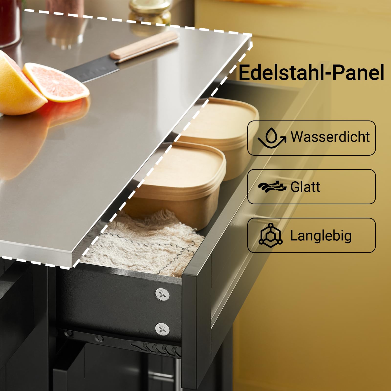 SoBuy Küchenwagen mit Rollen – Küchenwagen mit Arbeitsplatte, Servierwagen, Küchenrollwagen für Küche & Outdoor, Rollwagen Küche mit Schublade und Regal 80×90×46 cm Schwarz FKW110-SCH