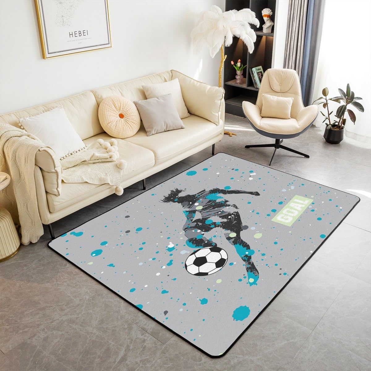Homewish Dywaniki do piłki nożnej, 100 x 150 cm, do sypialni chłopców, z piłką, do salonu, szary, motyw piłki nożnej, sporty tematyczne, abstrakcyjna farba w sprayu, teksturowana, duża mata podłogowa