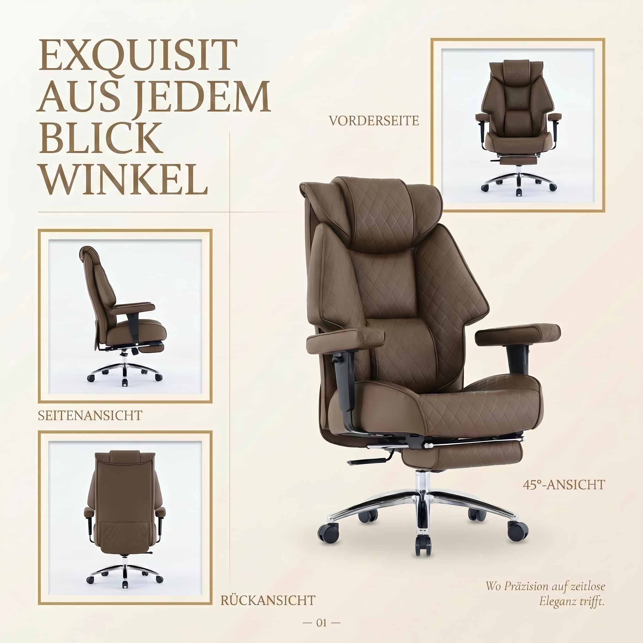 EXCEBET Silla de Oficina Dirección XXL 180kg, Silla de Escritorio Ergonómica con Muelles Ensacados, Asiento Ancho para Sentarse en Cruz, Reclinable 135°, Cuero PU（Marrón）