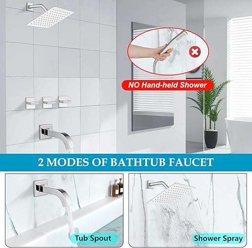 Miniatura 4 de Midanya Grifo de ducha de 3 manijas con boquilla de bañera, juego de grifo de ducha de lluvia de 8 pulgadas y válvula áspera para montaje en pared,