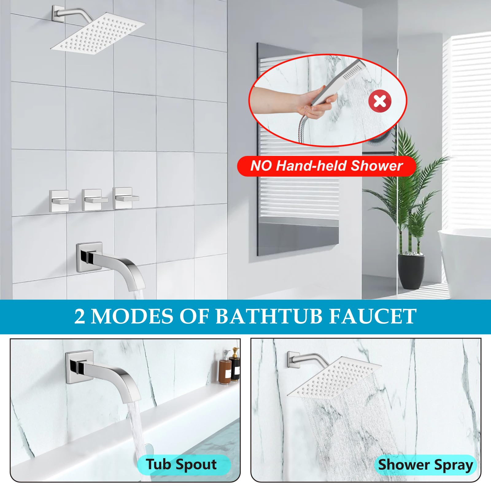 Grifo de bañera y ducha de 3 manijas con caño, juego de grifo de ducha de lluvia de 8 pulgadas para bañera y válvula de empotrar, kit de embellecedor de baño para montaje en pared, sistema de ducha,