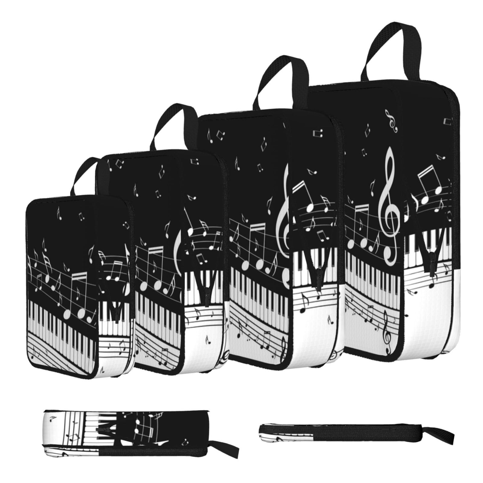 Esnaiuvcd Black White Music Note Print 4 Set Compression Packing Cubes For Suitcases,Expandable Storage Bags Organizers