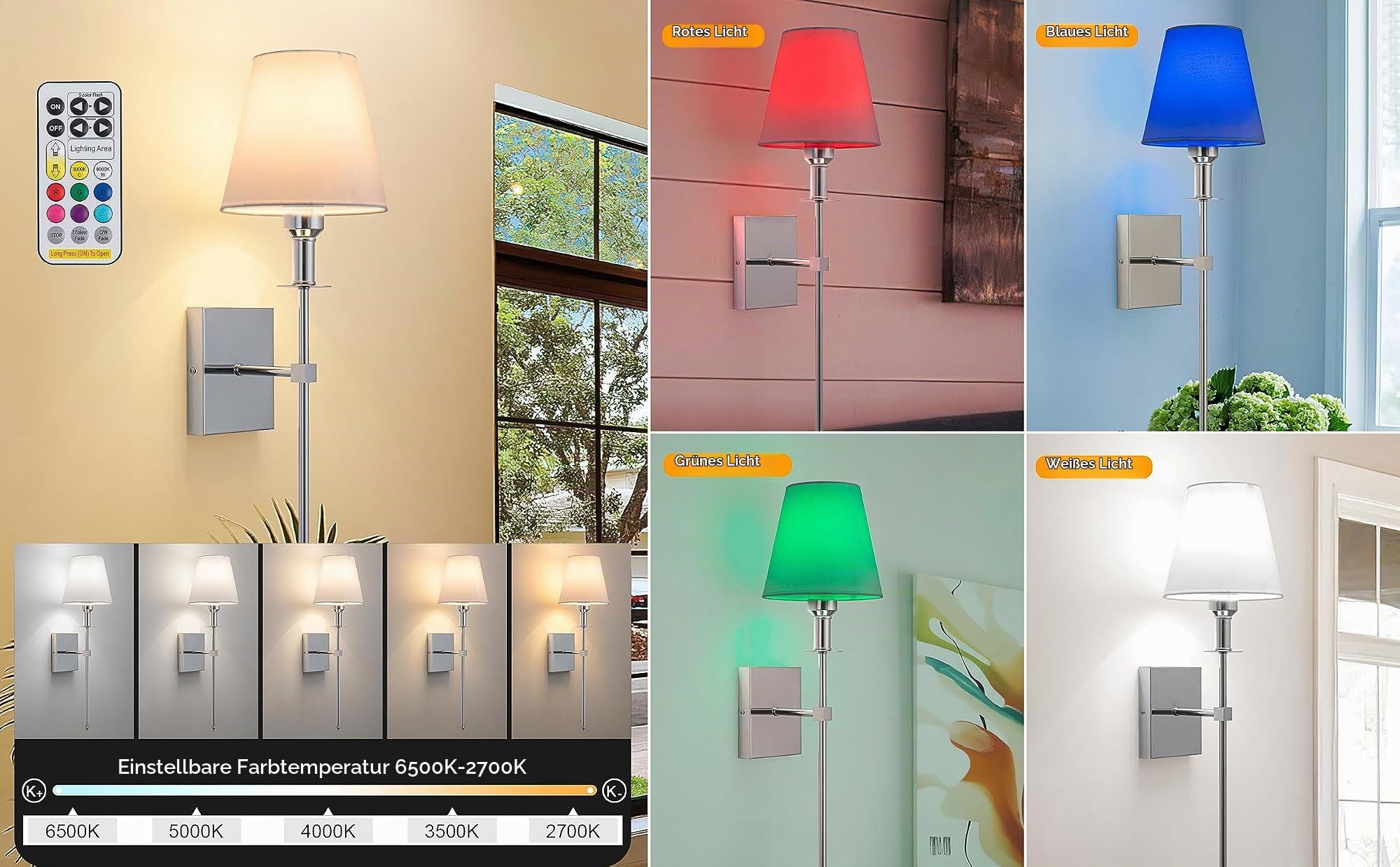 Wandleuchte Innen, Wandlampe mit Akku,5W USB Aufladbare Batteriebetrieben Wandbeleuchtung,Viele Farben Farbtemperatur und Helligkeitsstufen Fernbedienung Control Kabellose Lampe Einstellbar