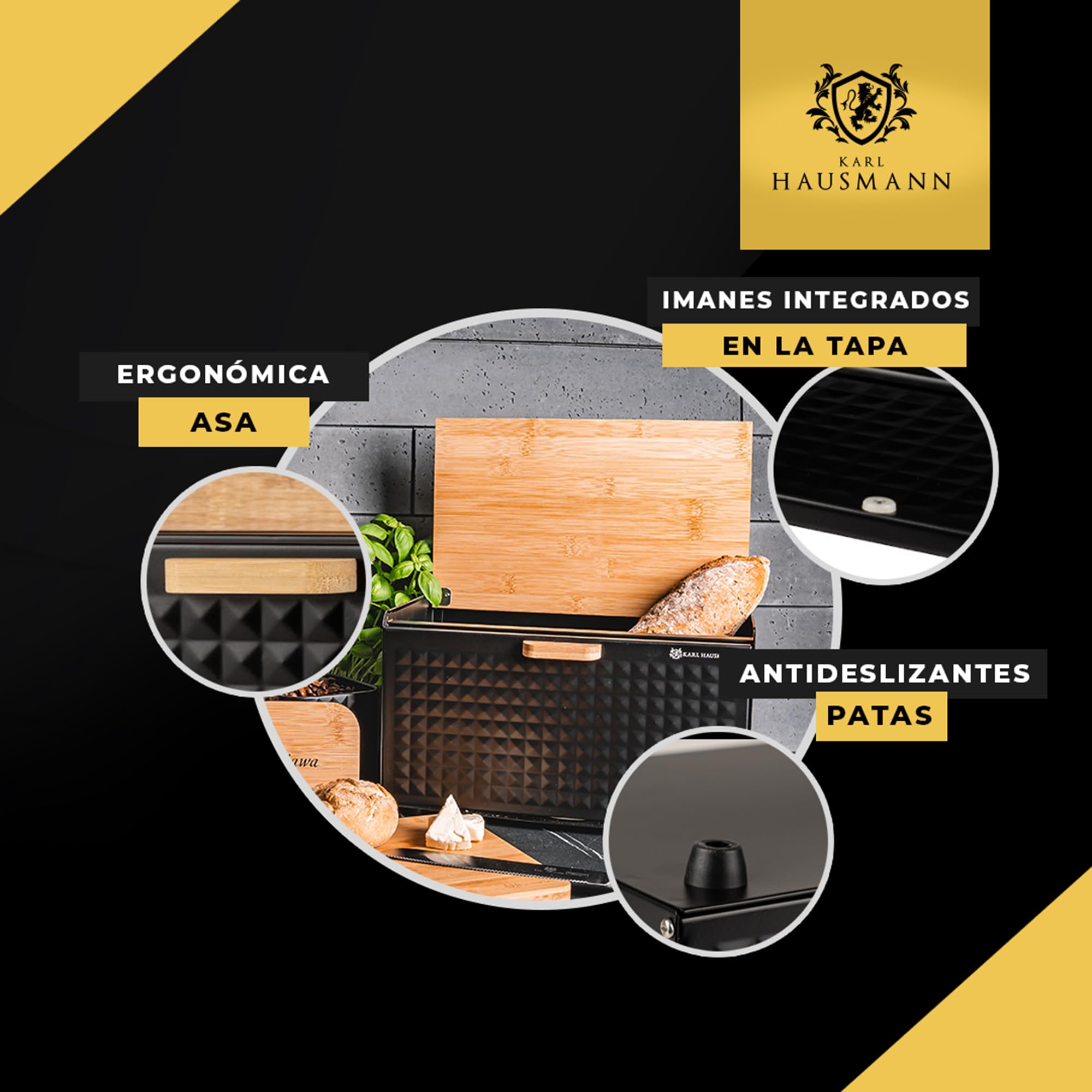 KARL HAUSMANN Panera Metal Gris con Tapa de Bambú - 35x25x15,5 cm - Paneras para Guardar el Pan - Grande Caja para Pan Moderna para Encimera de Cocina - Caixa Pao - Bread Box