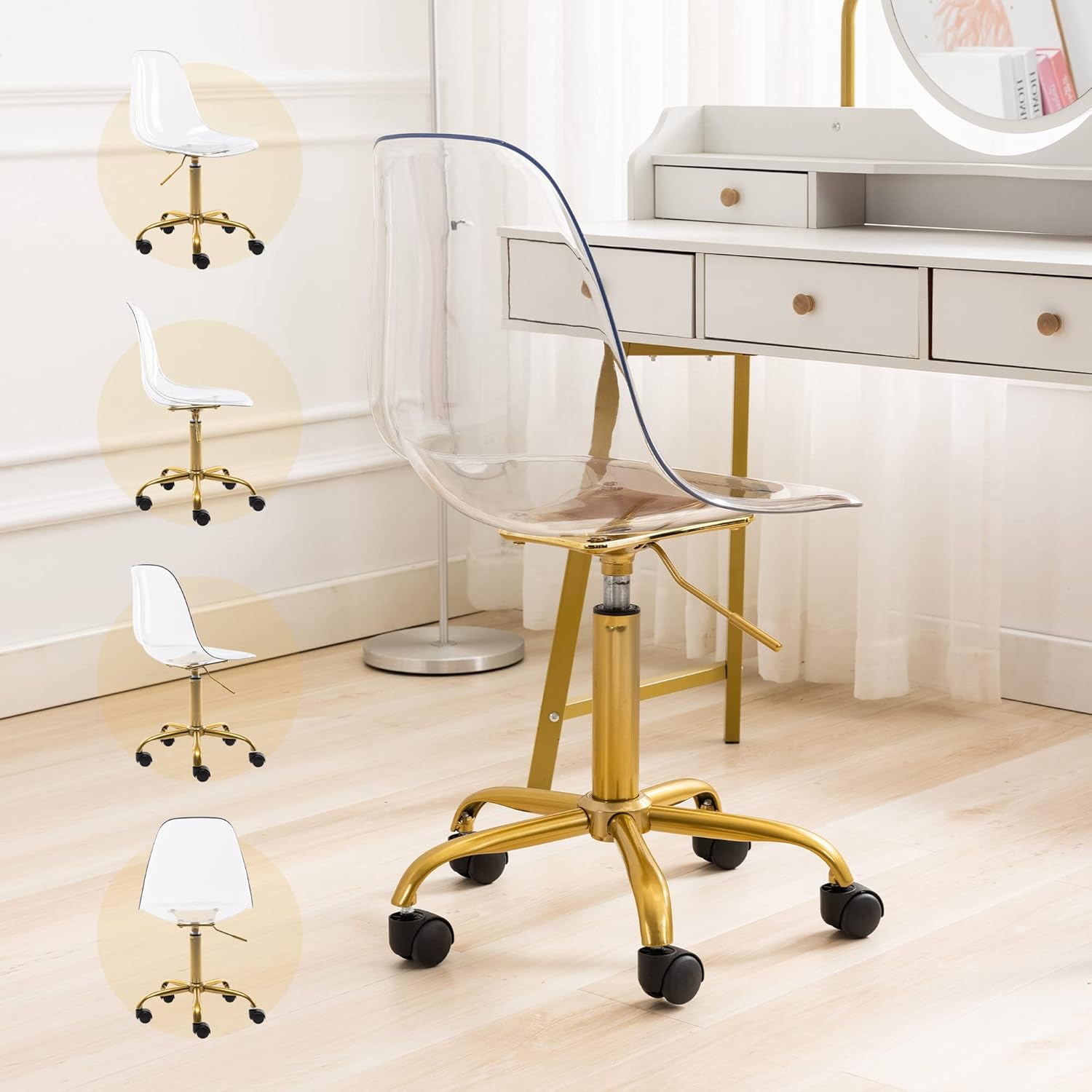 Acrylic Clear Desk Chair, Modern Small Rolling Cute Armless Vanity Plastic Chair Home Office Lucite Ghost Chairs with Wheels and Adjustable Height, Clear