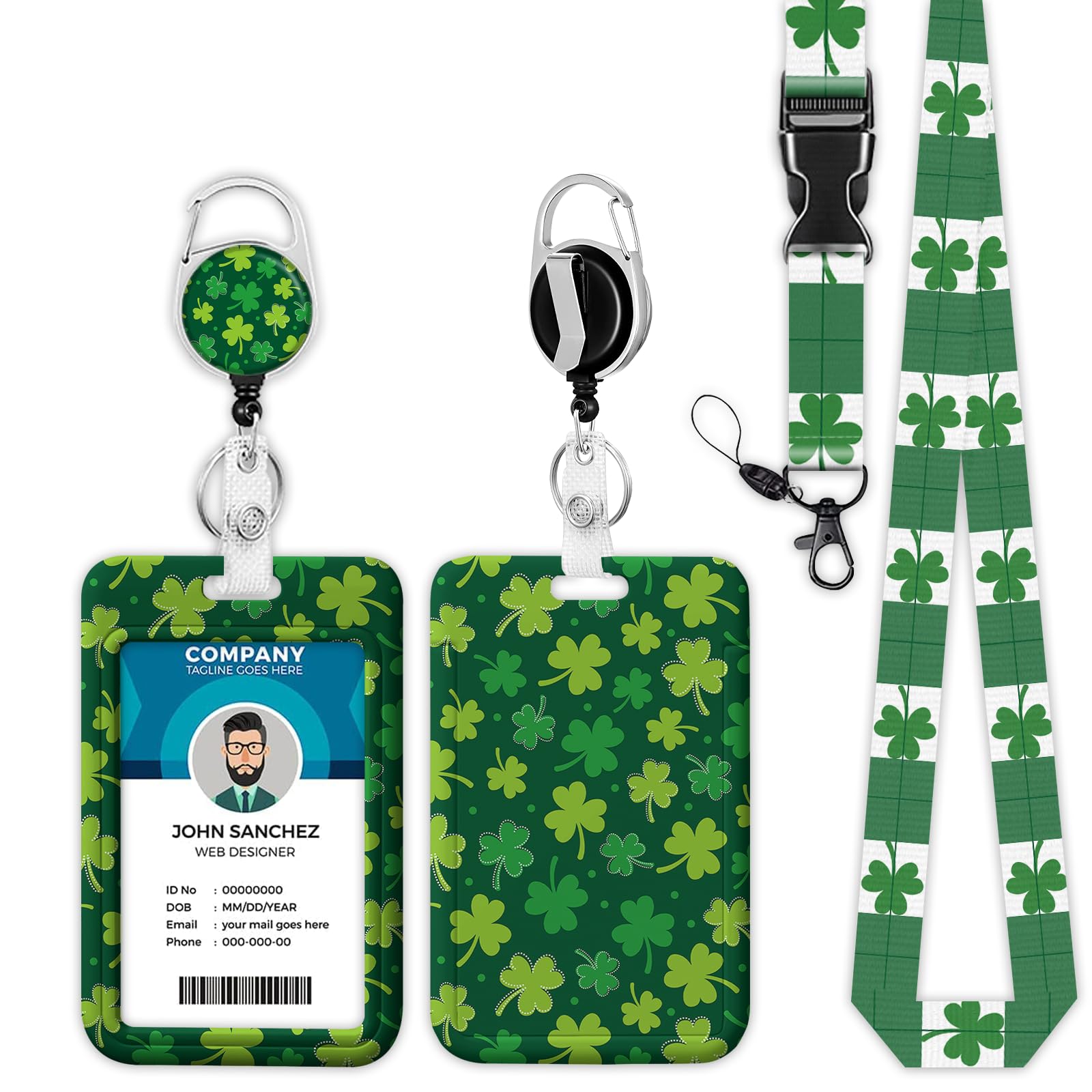 St.Patrick's Day Clover Print Lanyards for ID Badges, Green Leaf ID Badge Holder with Lanyard Retractable Badge Holder/Reel Lanyard, Teacher Student