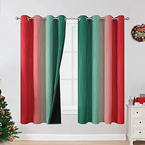 Estelar Textiler Red and Green Blackout Curtains for Christmas Room, Full Room Darkening Grommet Ombre Curtains for Bedroom, Thermal Insulated Light Blocking Gradient Drapes, 52Wx63L, 2 Panels
