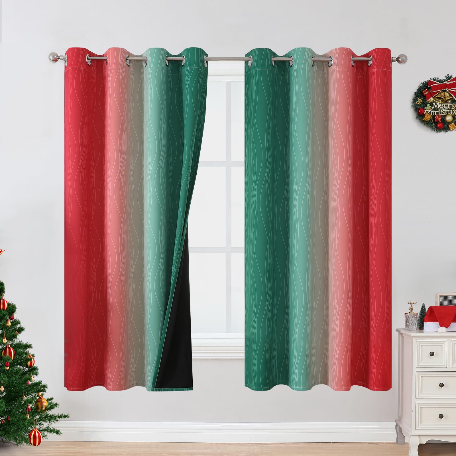 Estelar Textiler Red and Green Blackout Curtains for Christmas Room, Full Room Darkening Grommet Ombre Curtains for Bedroom, Thermal Insulated Light
