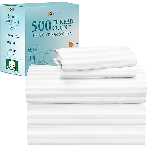 Luxury Split King Sheets Set For Adjustable Bed, 100% Cotton 500 Thread Count Sateen, Snug Fit, Set With Twin-XL Fitted Sheets, Hotel Quality Damask Stripe Bedsheets (Split King, Stripe - White)