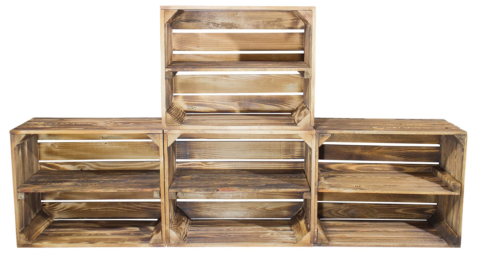 8 geflammte Kisten für Bücherregal - flambierte Apfelkiste / Obstkiste als Schuhregal - Kistenregal Regalkiste Obstkistenregal Regal Wandregal aus Holz - dunkel rustikal neu 50x40x30cm