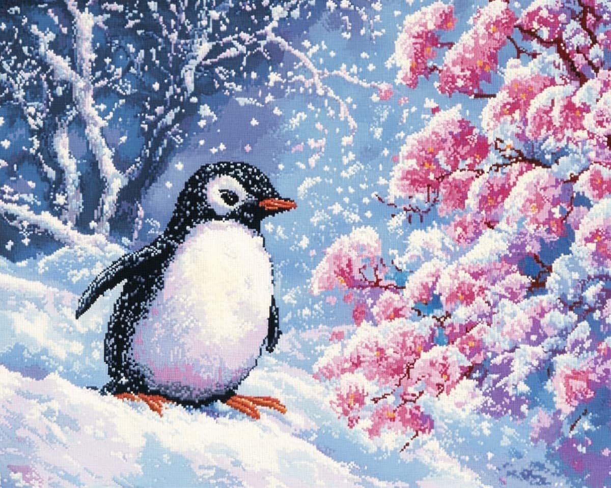 AxiangziK Cross Stitch Kits for Adults Beginners,Penguins and Flowers in the Snow 16x20 inch 11CT Counted Cross Stitch Embroidery Kits for Living Room Bedroom Art Decoration Perfect Women Gift