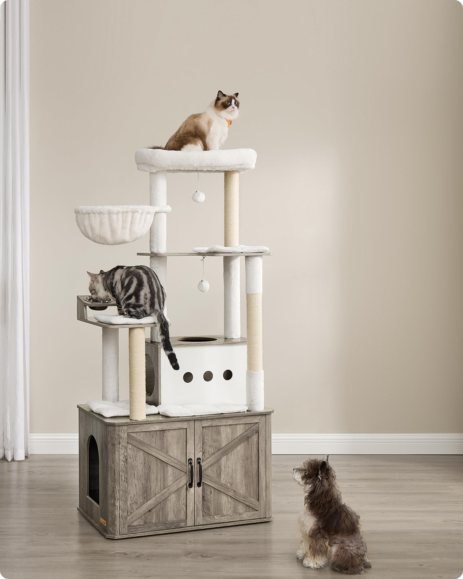 Feandrea krabpaal groot, XXL, 196 cm hoog, meerdere verdiepingen kattenboom met 2 grote platforms, 3 grotten, 2 ligbedden, 5 krabpalen, 4 pluche ballen, kattenborstel, tunnel, lichtgrijs PCT153W01