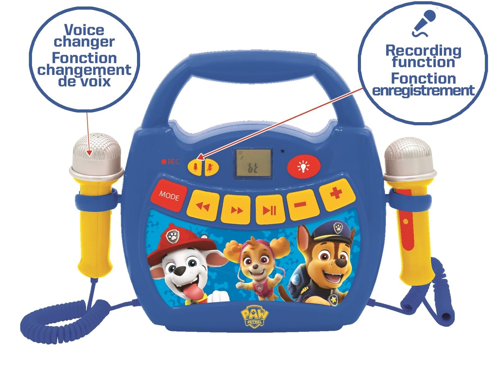 Lexibook – Paw Patrol - Lettore Musicale Karaoke Portatile per Bambini - Microfoni, Effetti di Luce, Bluetooth, Blu/Rosso, MP320PAZLXB