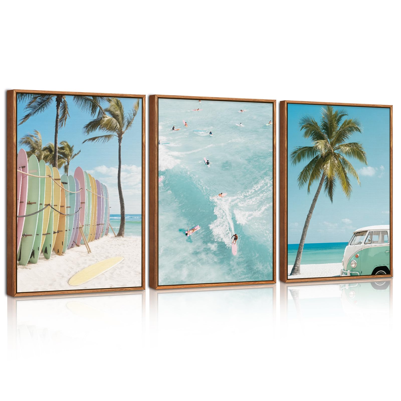 ANHUIB Framed Coastal Beach Wall Art Set of 3 Pastel Surfboard Palm Tree Canvas Prints Ocean Surfing Retro Van Artwork Tropical Surf Beach Framed Wall Art for Living Room Bedroom Bathroom 30×40cm