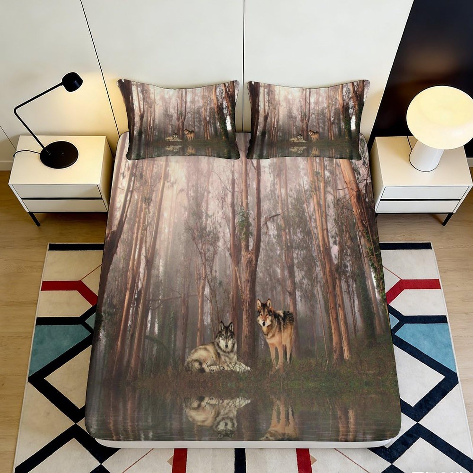 3D Printed Forest Wolf Fitted Sheet Microfiber Soft Breathable Woodland Bed Cover for Bedroom Dormitory Guest Room Mattress Protection Decor 160x200x25cm