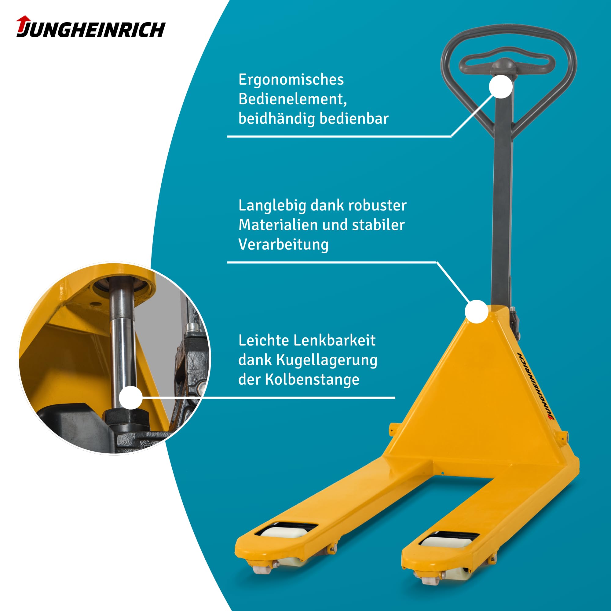 Jungheinrich Hubwagen AM | 2.000 kg Tragkraft | 1.150 mm Gabellänge | Lenkrad/Gabelrolle aus verschleißarmen Nylon | Einfach-Gabelrollen | Palettenhubwagen