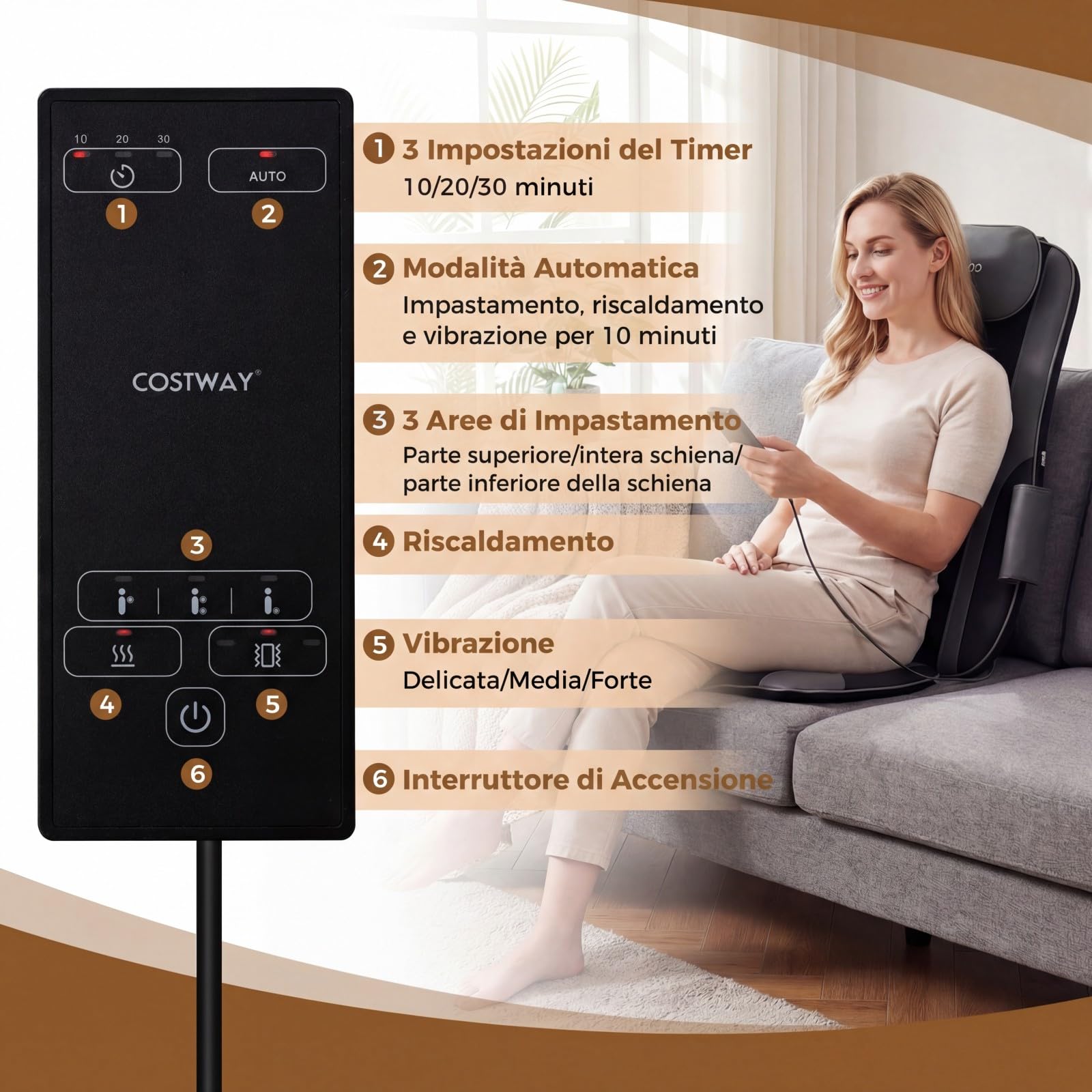 COSTWAY Sedile Massaggiatore per Schiena con Calore, Cuscino Massaggiante Shiatsu per Poltrona con 4 Nodi Impastanti a Rotazione e 2 Motori Vibranti, Massaggiatore 3D per Collo e Schiena