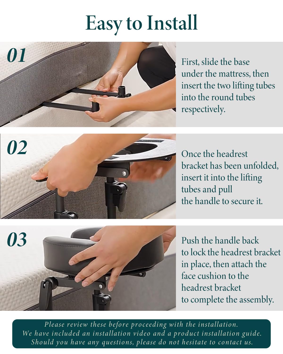 Support de table de massage, appui-tête de massage pour lit, coussin réglable en forme de U, surmatelas de massage avec planche d'accoudoir et sac de rangement (pour matelas de 14 à 45 cm, noir)