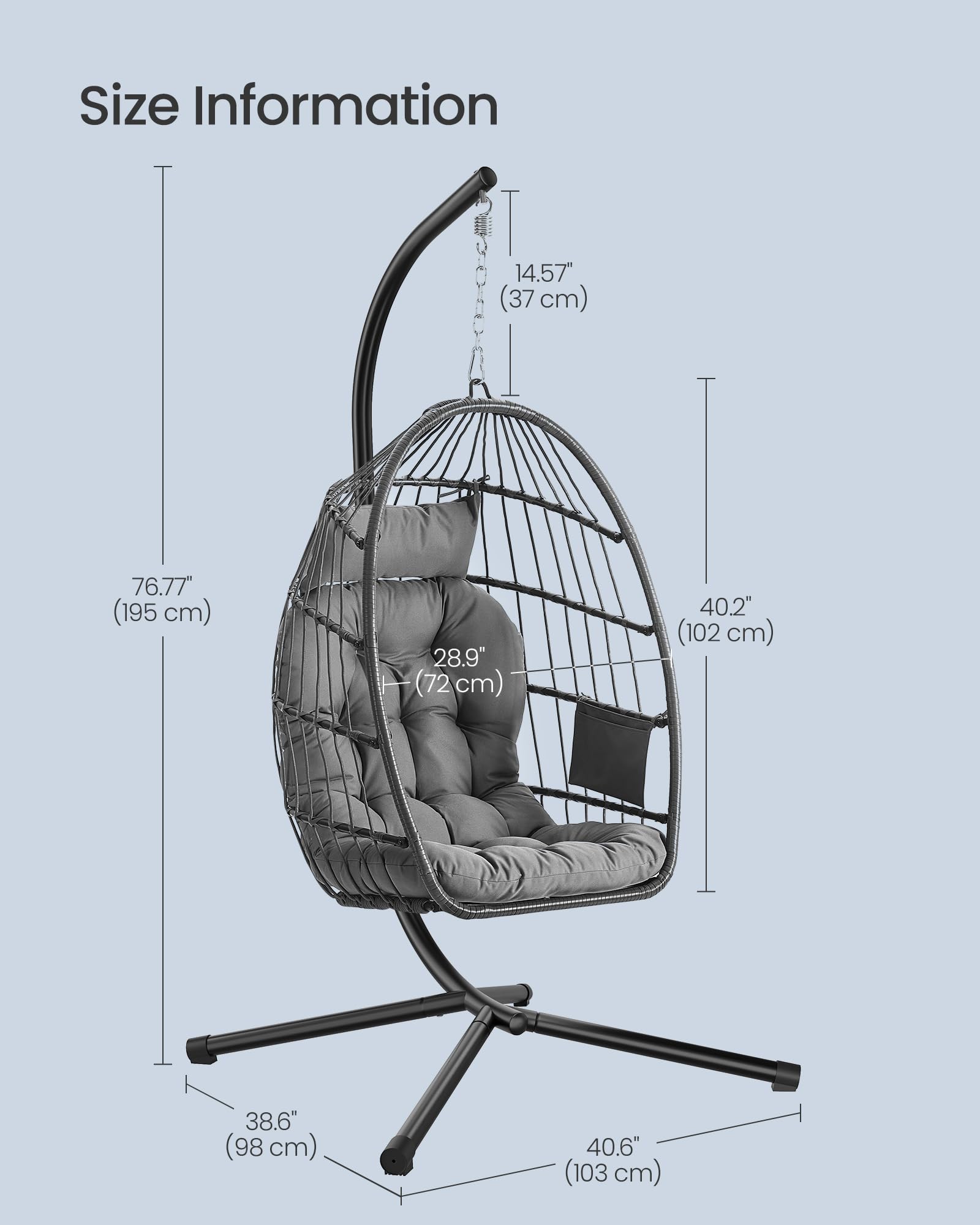 SONGMICS Outdoor Hanging Egg Chair, Foldable Removable Basket, Height-Adjustable Swing Chair, Side Pocket, Cushion, for Living Room, Garden, Balcony, Grey GDC050GZ02 — view 7