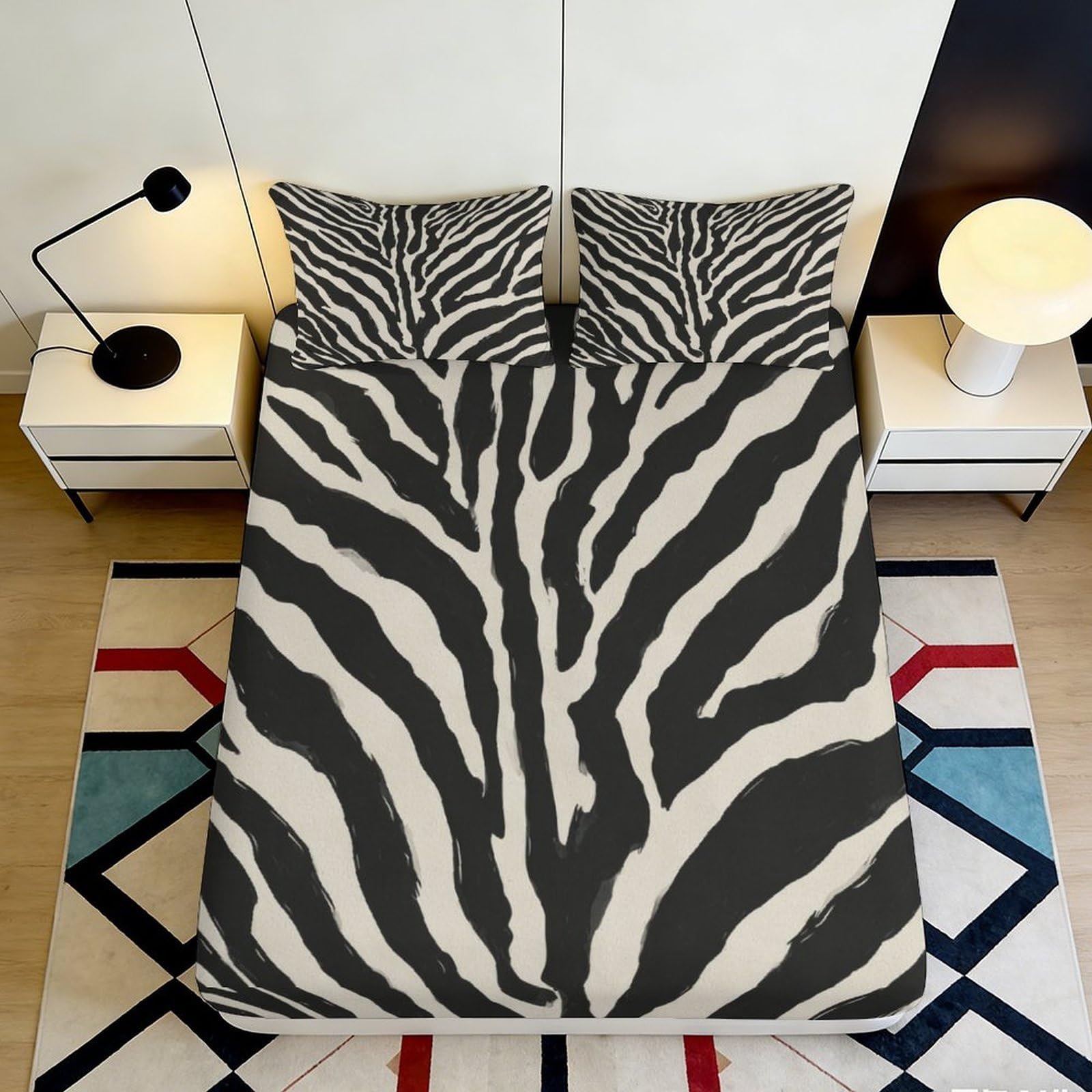 3D Printed Zebra Pattern Fitted Sheet Microfiber Durable Soft 3D Printed Striped Bed Cover for Bedroom Dormitory Guest Room Mattress Protection 200x200x25cm