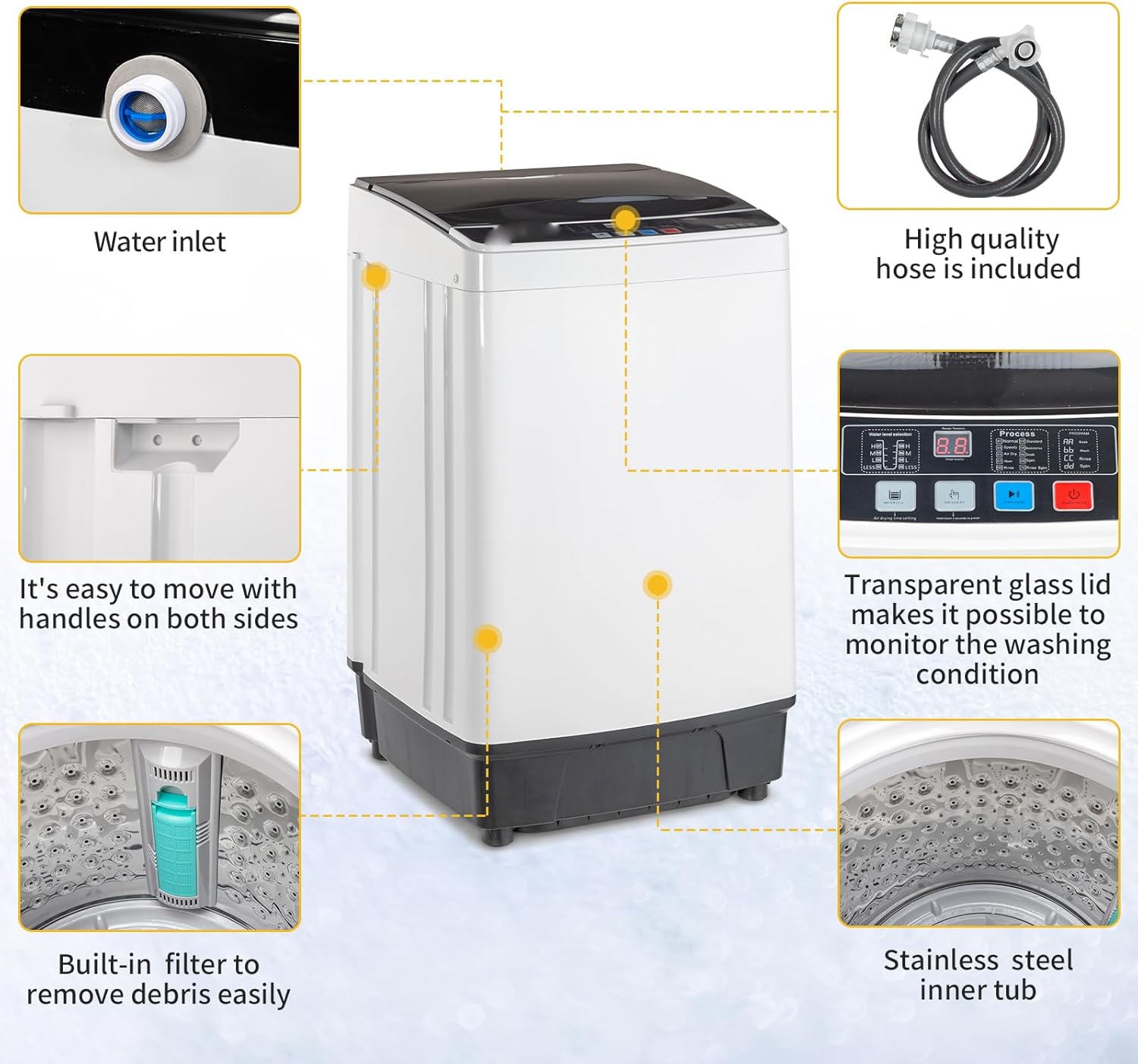 Full-Automatic Washing Machine Top Load Portable Compact Washer with Drain Pump 17.6 lbs Capacity 10 Programs 8 Water Levels LED Display Apartment Washing Machine Black