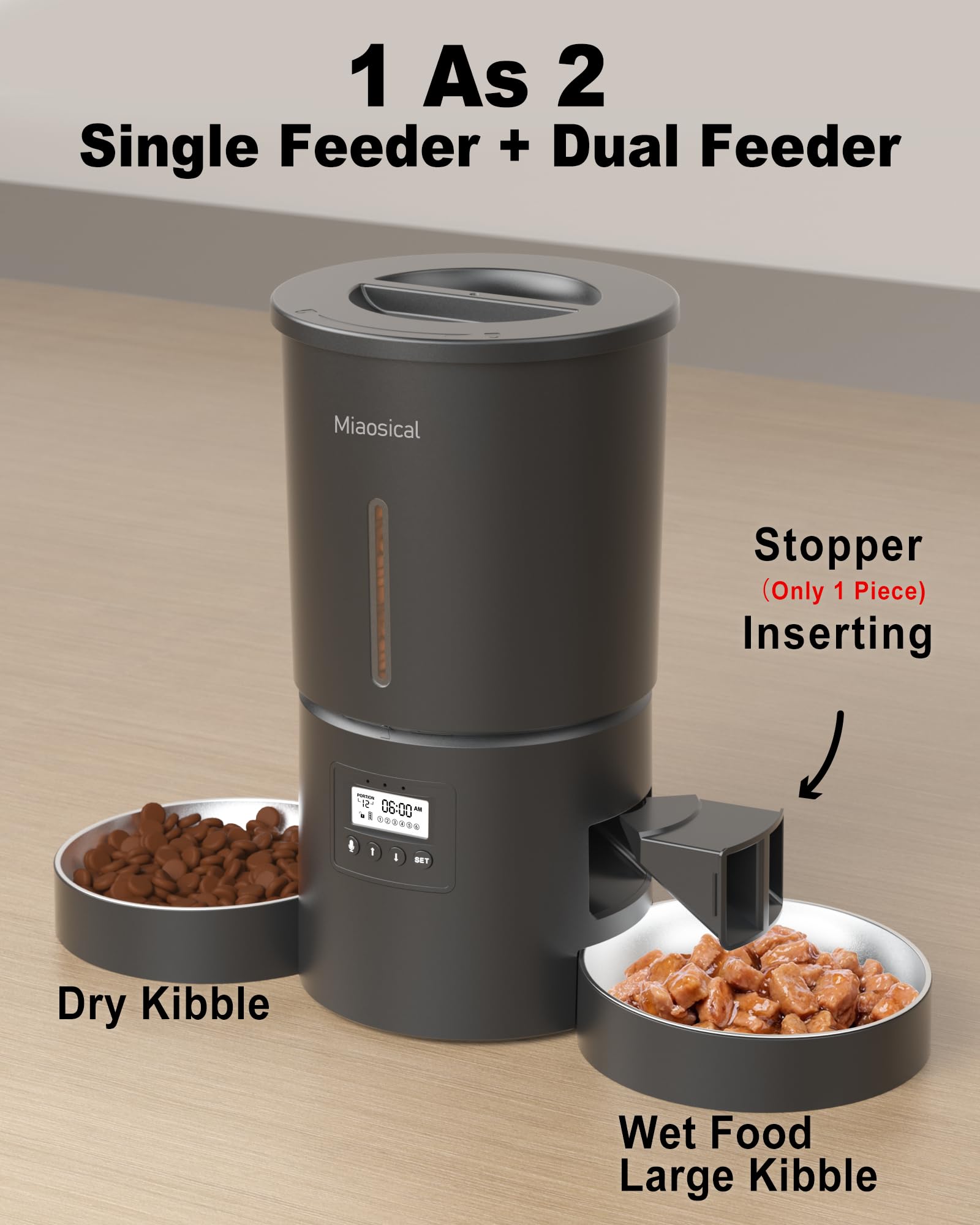 Dual Automatic Cat Feeder 2 Cats,6 Meals/Day,12 Portions/Meal,4.2L Dual Power Double Bowls Feeder,Dry Food Auto Pet Dispenser,10S Voice Record,Flexible Schedule Timer (Black,Stainless Dual Bowls)
