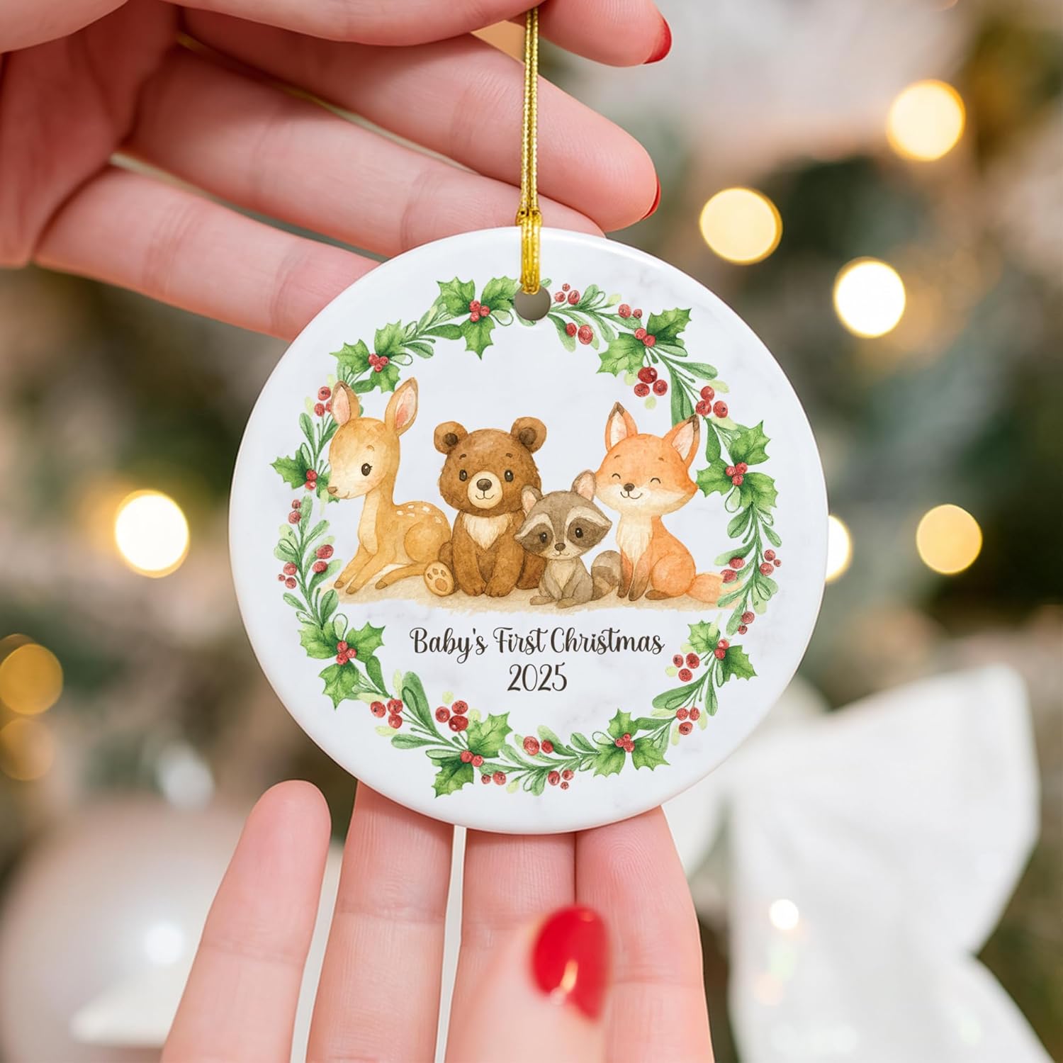 Baby's Frist Christmas Vintage Woodland Animals, Christmas Ornament 2025, 2 Sided Ceramic 3.5", Gift for Newborn Girl Boy - Image 3