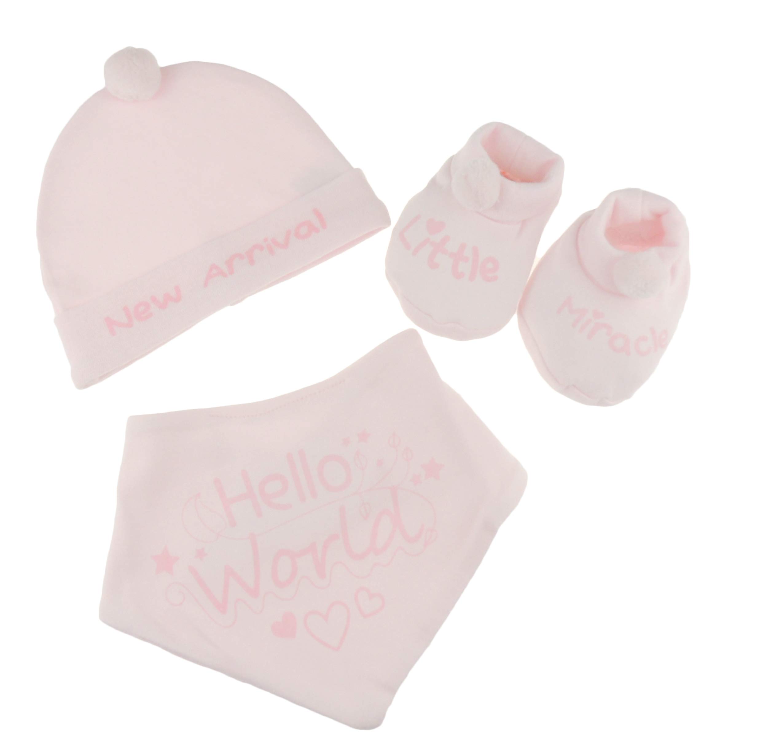 Glamour Girlz Baby Girls Boys Adorable 100% Cotton Set of 3 Hat & Booties & Bib Newborn to 3 Months Little Miracle Hello World