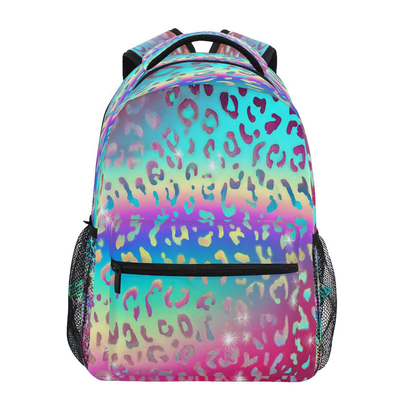 Dussdil Rainbow Shiny Leopard Kids Backpack Backpacks for Boys Girls Casual Daypack Back Pack 16 inch Laptop Bag Double Zipper Travel Sports Bags with