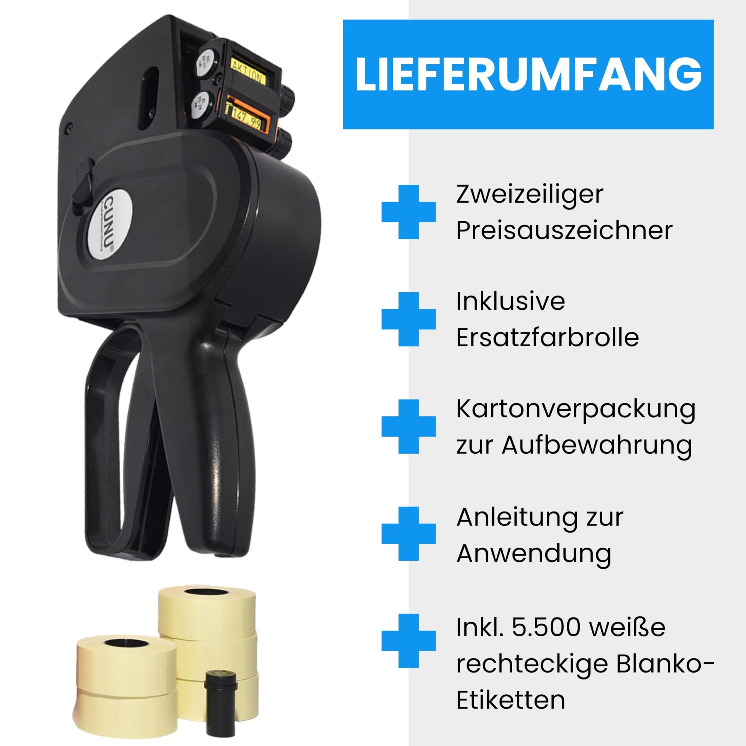 Promo-Preisauszeichner 2-zeilig mit Texten und Zahlen - Datum und Preis Handauszeichner zweizeilig - Etikettiermaschine mit 26x16mm Etiketten - Auszeichner Gerät/Maschine direkt vom Fachhandel
