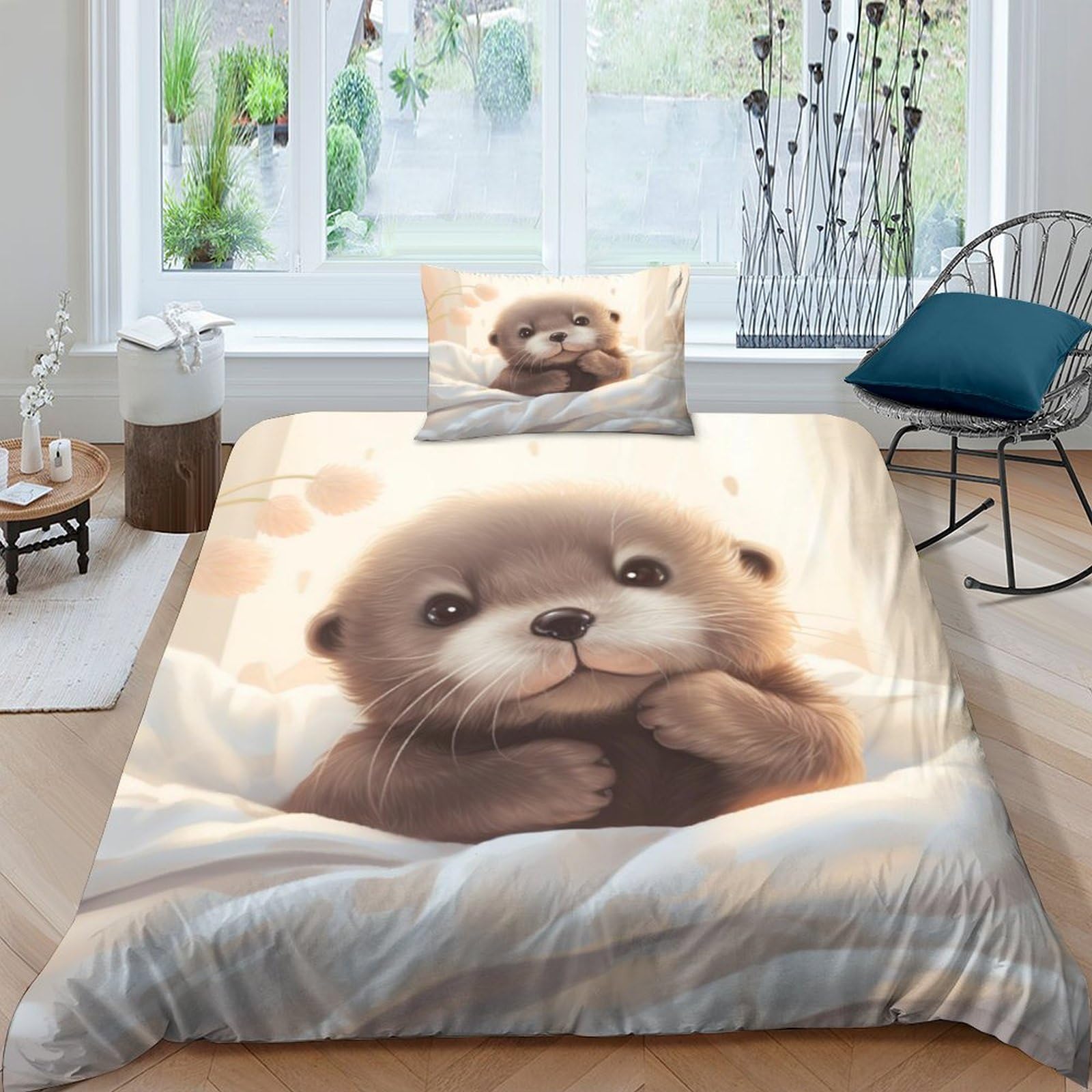 Cosy Otter 3D Printed Effect for Childrens And Adults Printed Cartoon Style Duvet Cover Set with PillowCases Quilt Cover Bedding Set Microfiber for Kids Teens Adults 2 Pcs Single（135x200cm）