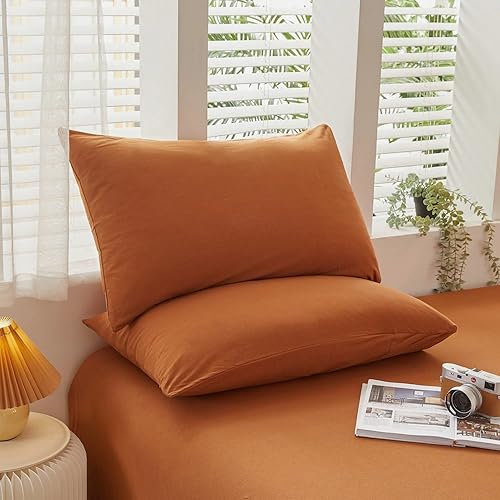 Miniatura 5 de LIFETOWN Sábana 100% algodón de punto jersey, sábana de bolsillo extra profundo, 1 sábana bajera con 2 fundas de almohada, sin arrugas, ultra suave