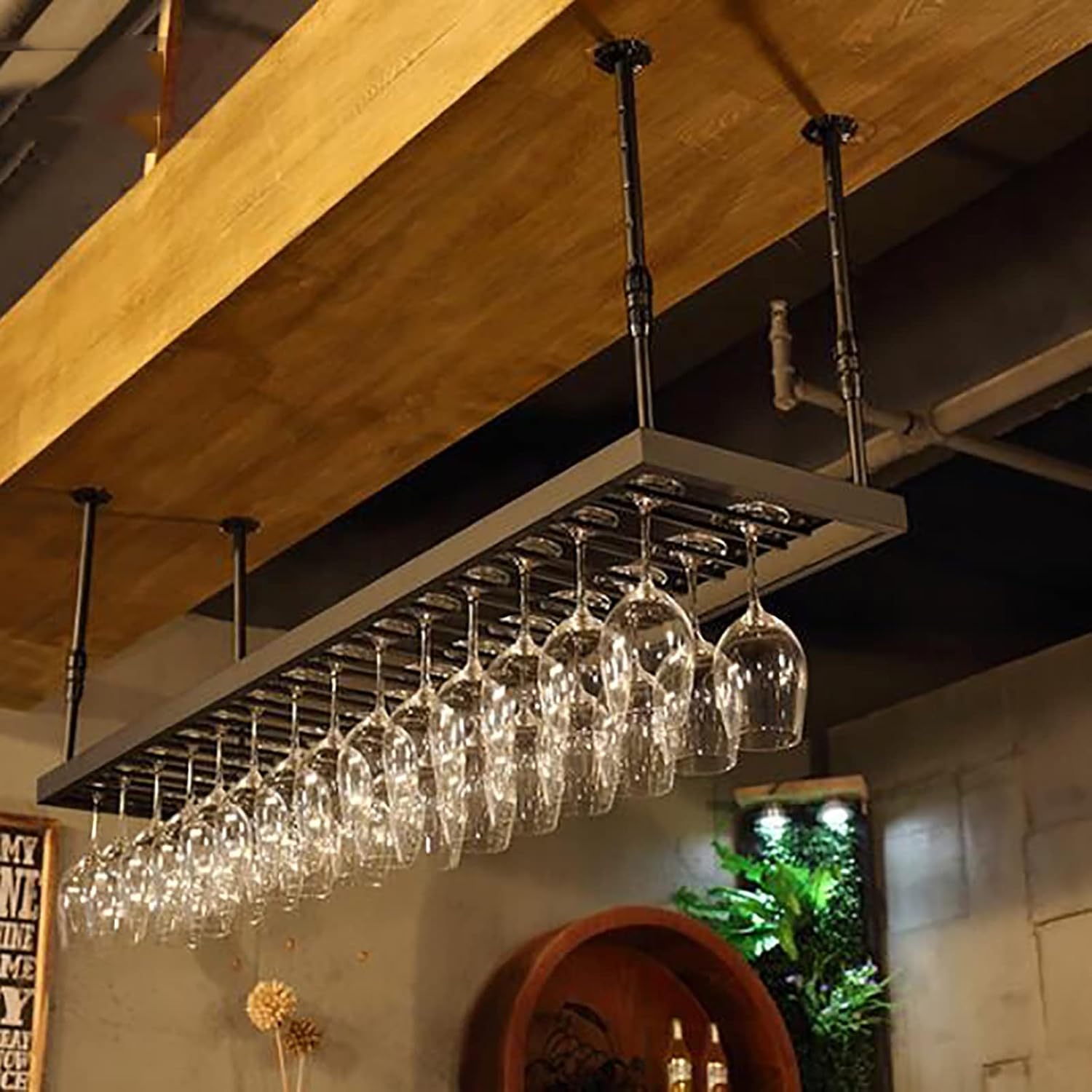 Hanging Wine Glass Holder Ceiling Black Wine Glass Rack,Metal Wine Cup Holder,Height Adjustable Hanging Wine Rack Cabinet,Wine Goblet Holder for Bar Kitchen