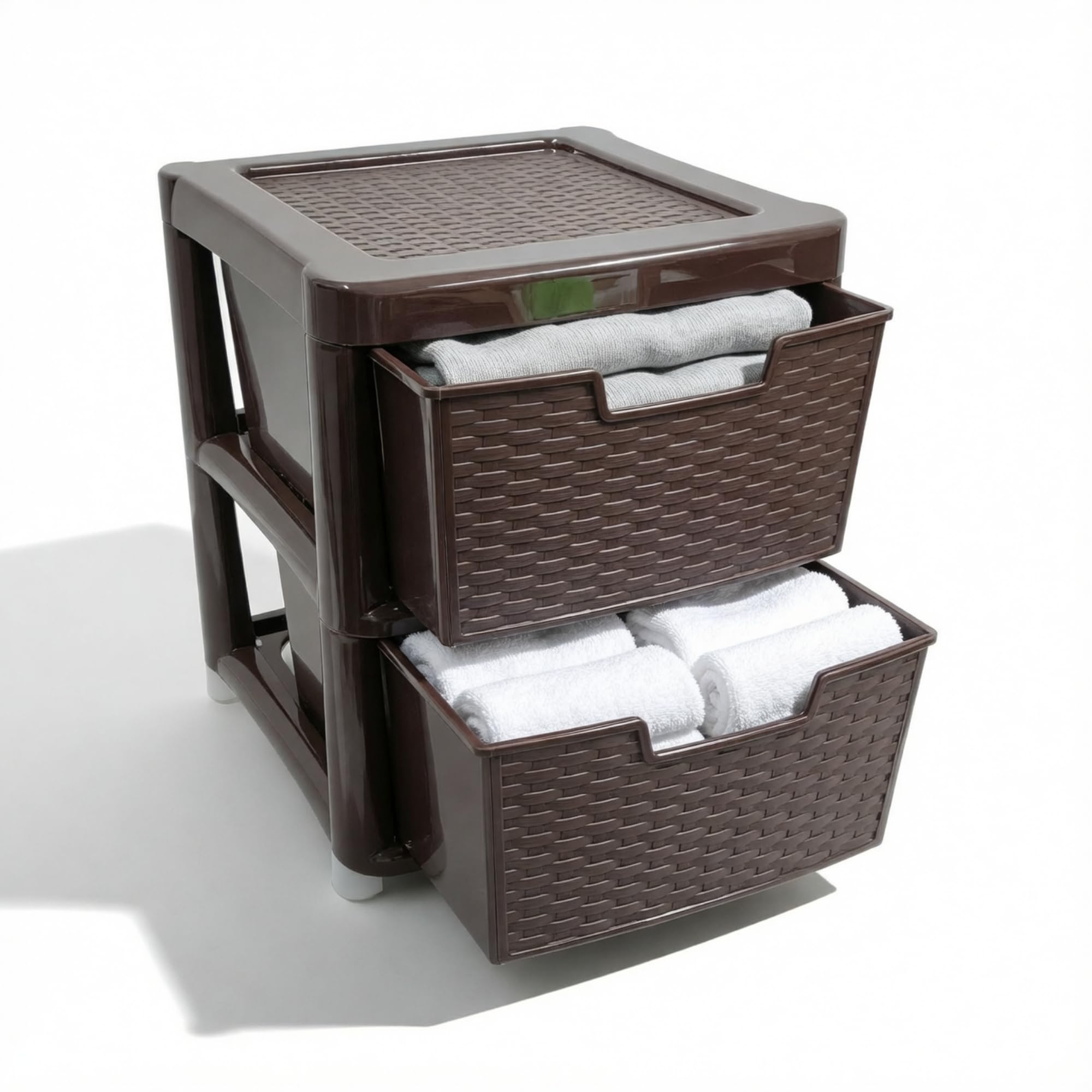 KYY'Z - Large Plastic Rattan Storage Drawers Unit with Deep Pull-Out Baskets - Durable Multipurpose Cabinet Organizer for Home Office, Bedroom, Bathroom, Garage, Utility Room (Chocolate Brown, 2 Tier)