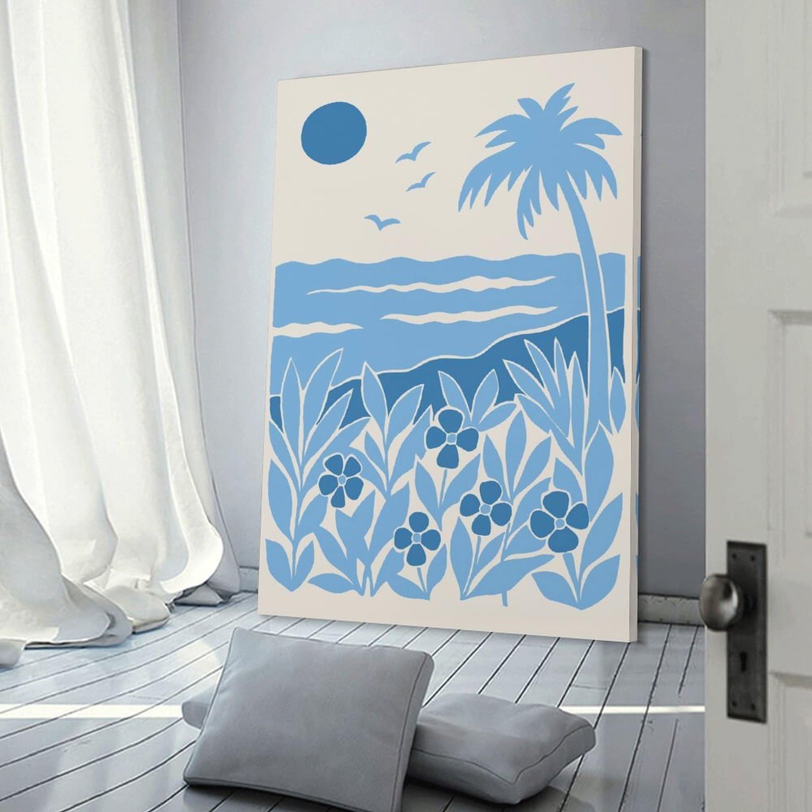 Junmoney Tropical Beach Scene with Palm Tree And Flowers Room Decor Wall Art, 24x36inch(60x90cm), for Home, Office, Studio Or Guest Room, Canvas Wall Art That Fits Changing Layouts