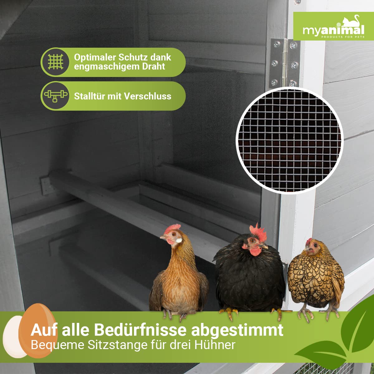 Miweba MyAnimal Hühnerstall MH-21 XXL | 174x66x98 cm - Für 3 Hühner - Nistkasten mit Freilaufgehege - Sitzstange - Winterfest - 2 Ebenen - Hühnerhaus mit Eiablage - Kiefernholz - Voliere (Grau)