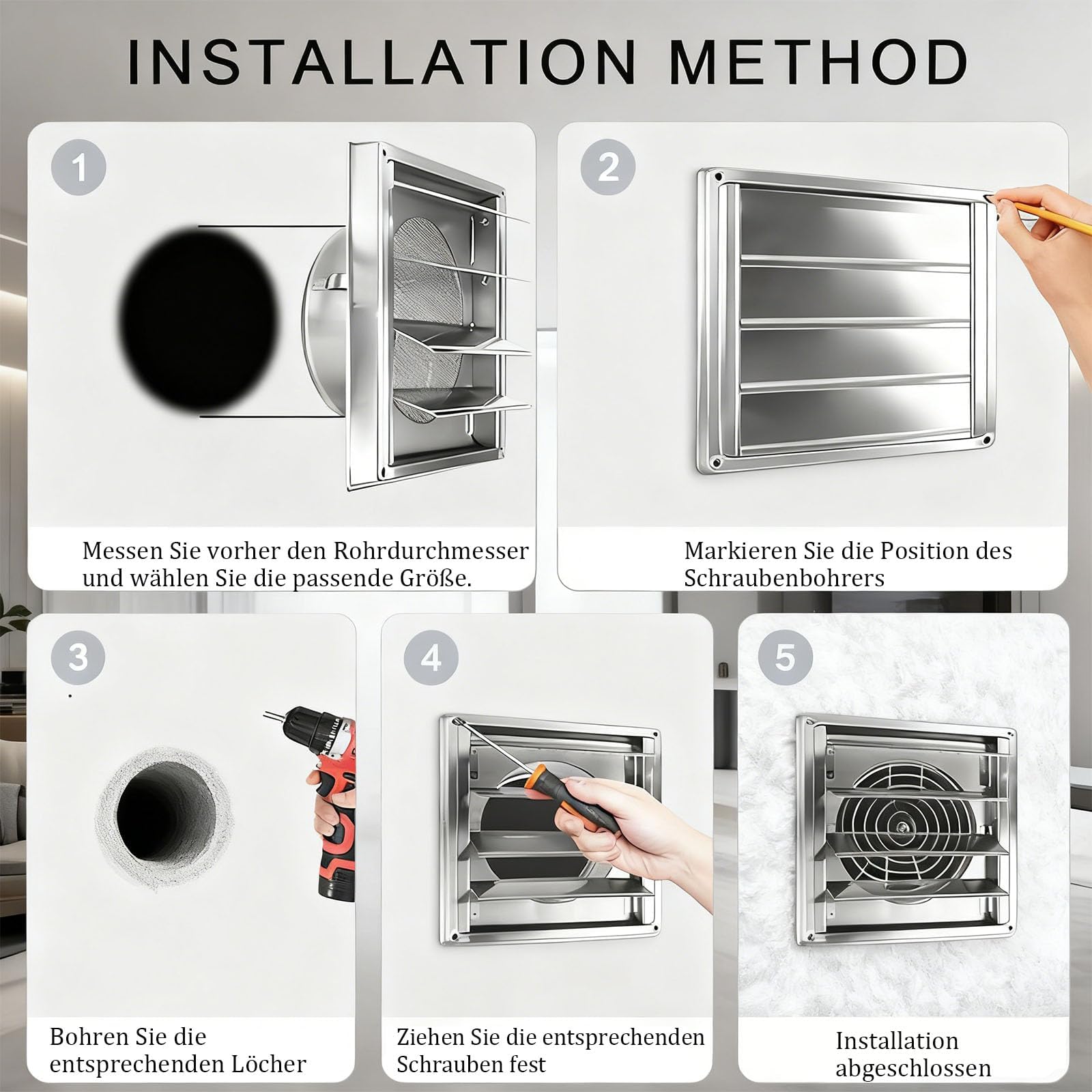 Rejilla de Ventilación de 150 mm, 304 de Acero Inoxidable, con Válvula Antirretorno, Láminas Móviles, Rejilla de Protección Contra Insectos, con Arandelas de Goma, para Conductos VMC