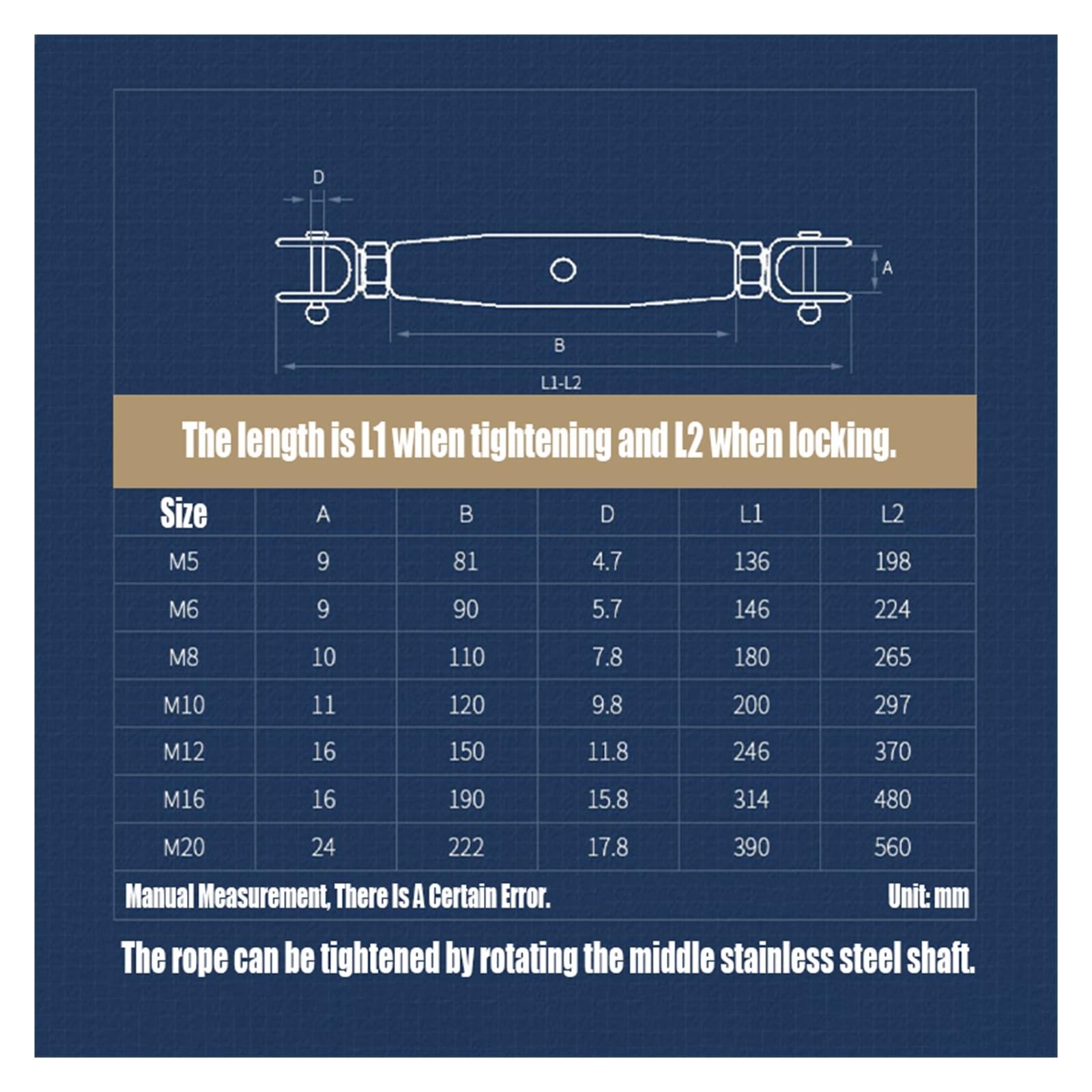 Tensor de alambre de tensor, tensor de alambre de cerca, tensor de cuerda, gancho y ojo de acero inoxidable 304 Tensor de cuerda de alambre Tensor Perno Gancho Aparejo Tornillo de ojo M5 M6 M8 M10 M12