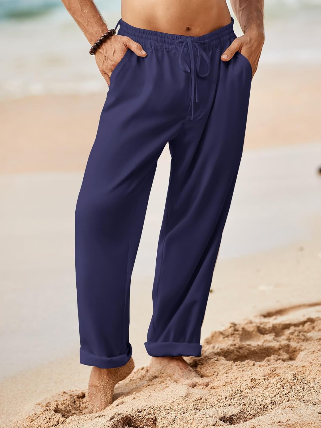 Makkrom Mens Casual Pants Drawstring Elastic Waist Lightweight Linen Pants Loose Fit Summer Beach Yoga Trousers - Image 3
