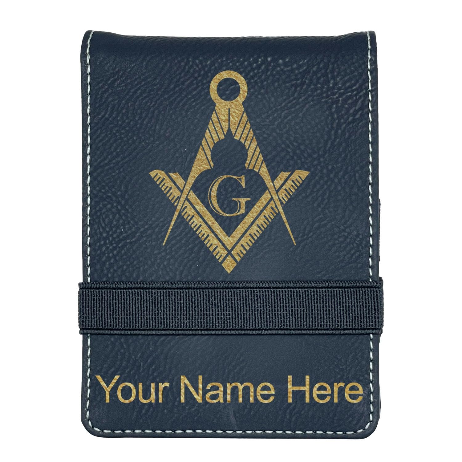 LaserGram Mini Padfolio with Notepad and Pen, Freemason Symbol, Personalized Engraving Included (Black with Gold)