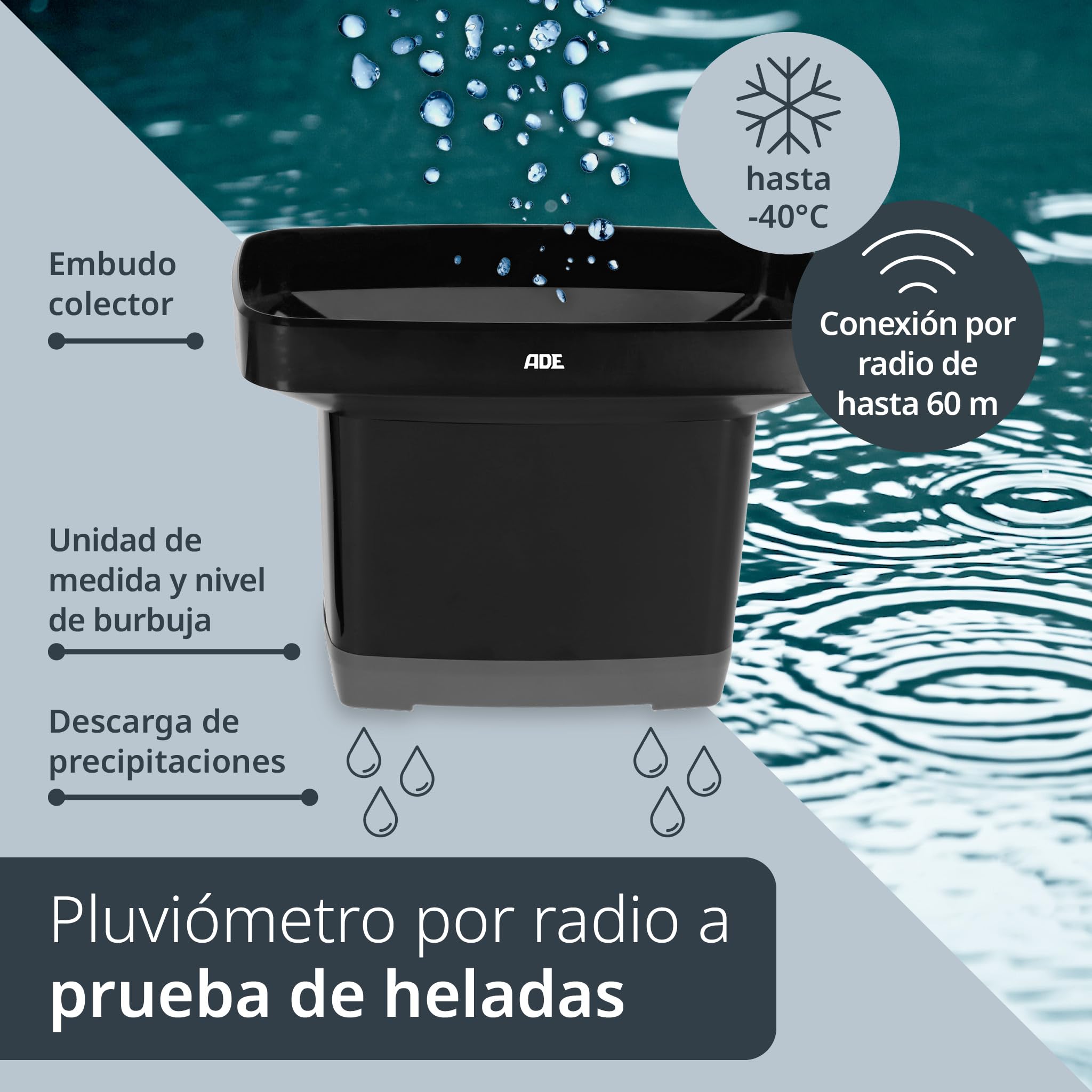 ADE Pluviómetro WS1907 (Estación meteorológica con pluviómetro para el jardín con Sensor de Radio, termómetro para Interior y Exterior, Radio Reloj Digital con Despertador), Negro